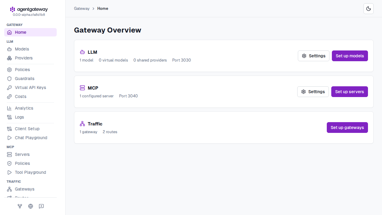 agentgateway UI Gateway Overview page with LLM, MCP, and Traffic rows, and the sidebar groups Gateway, LLM, MCP, Traffic, and Tools