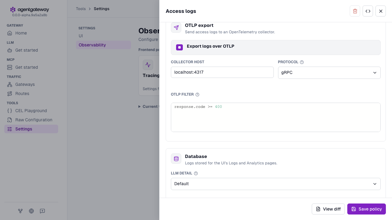 Access logs drawer with Export logs over OTLP selected, the collector host localhost:4317, the gRPC protocol, and the OTLP filter response.code >= 400