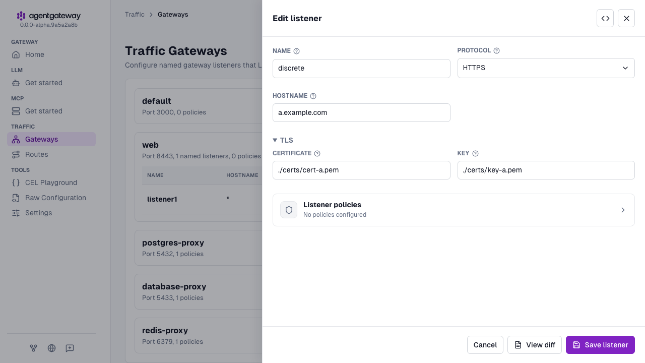Edit listener drawer for listener1 on the web gateway, set up as an HTTPS listener for a.example.com with the cert-a.pem certificate and key-a.pem key