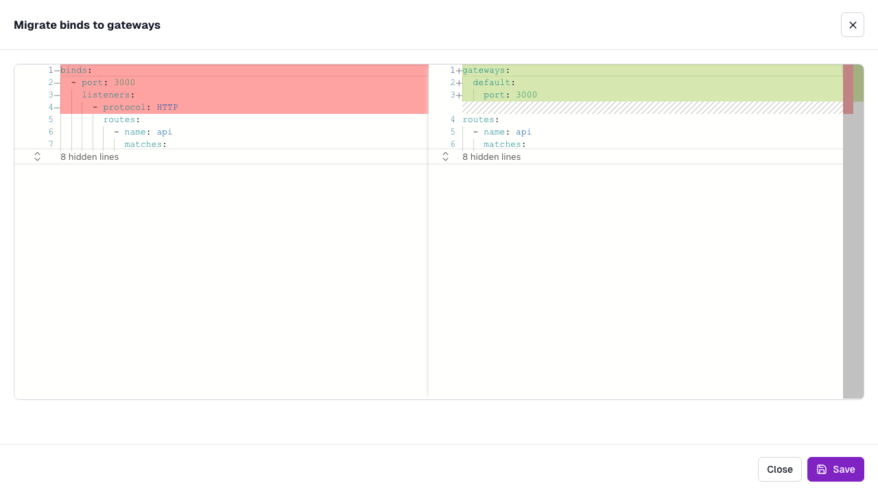 Migrate binds to gateways drawer showing the binds configuration next to the converted gateways configuration