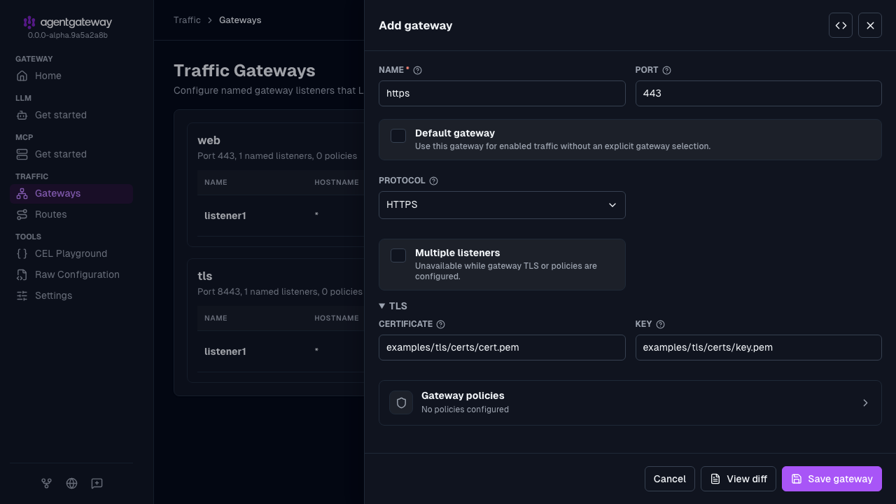Add gateway drawer for the https gateway on port 443 with the HTTPS protocol and the certificate and key from examples/tls/certs