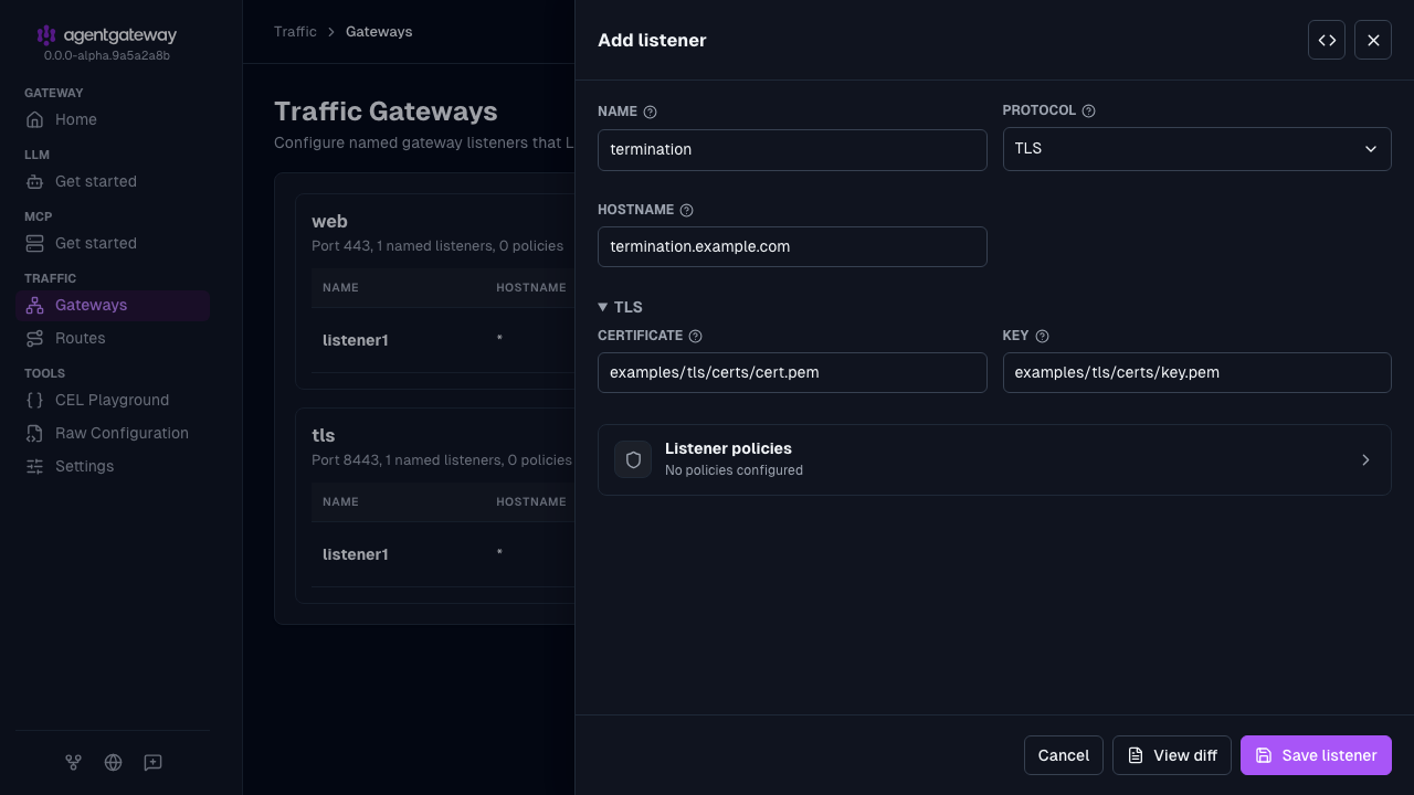 Add listener drawer for the tls gateway, set up as a TLS termination listener for termination.example.com with the cert.pem certificate and key.pem key