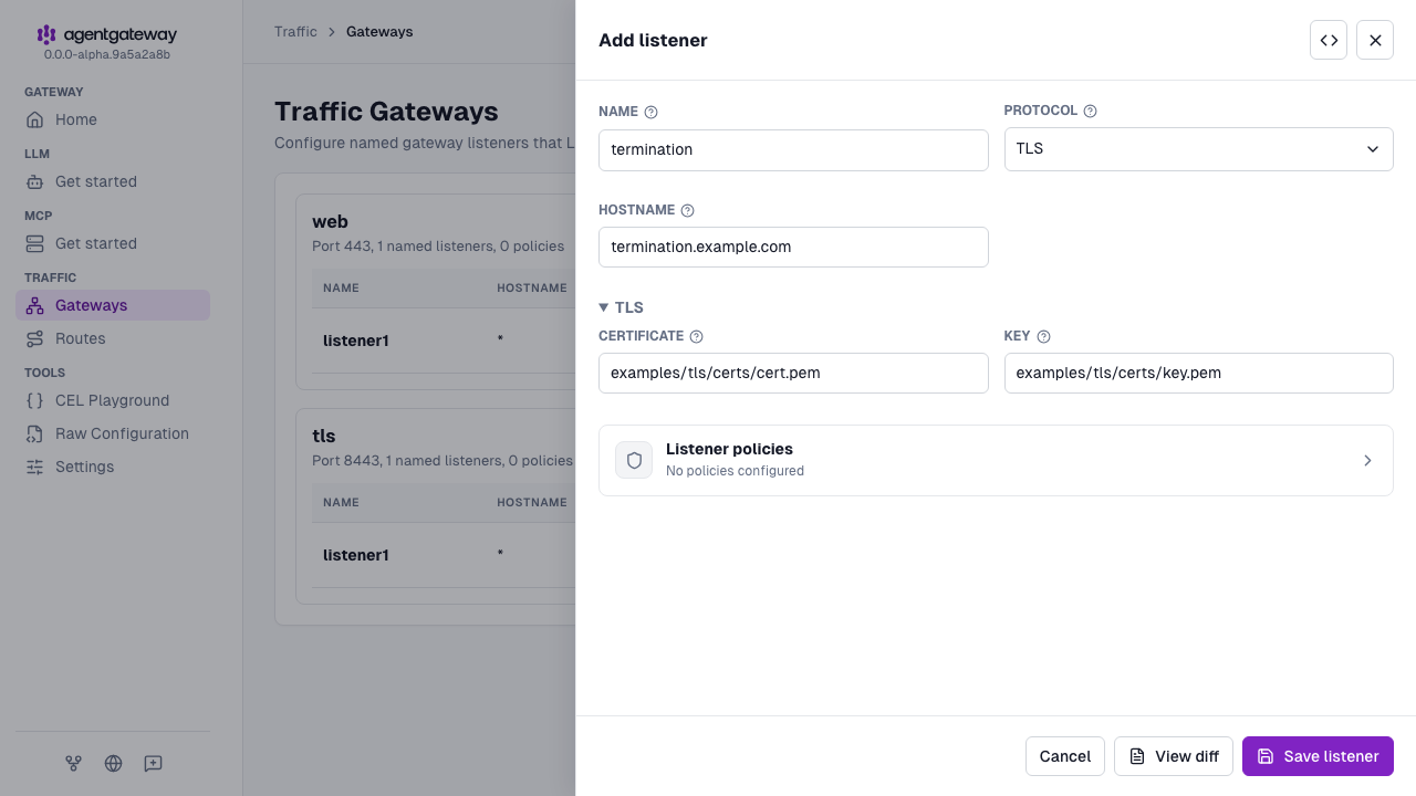 Add listener drawer for the tls gateway, set up as a TLS termination listener for termination.example.com with the cert.pem certificate and key.pem key