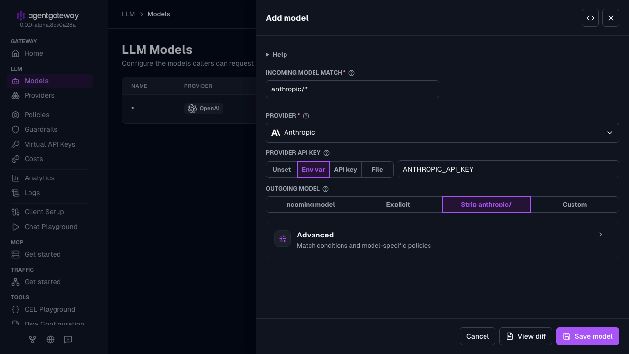 Add model drawer with Anthropic selected as the provider, anthropic/* as the incoming model match, and ANTHROPIC_API_KEY as the environment variable for the provider API key