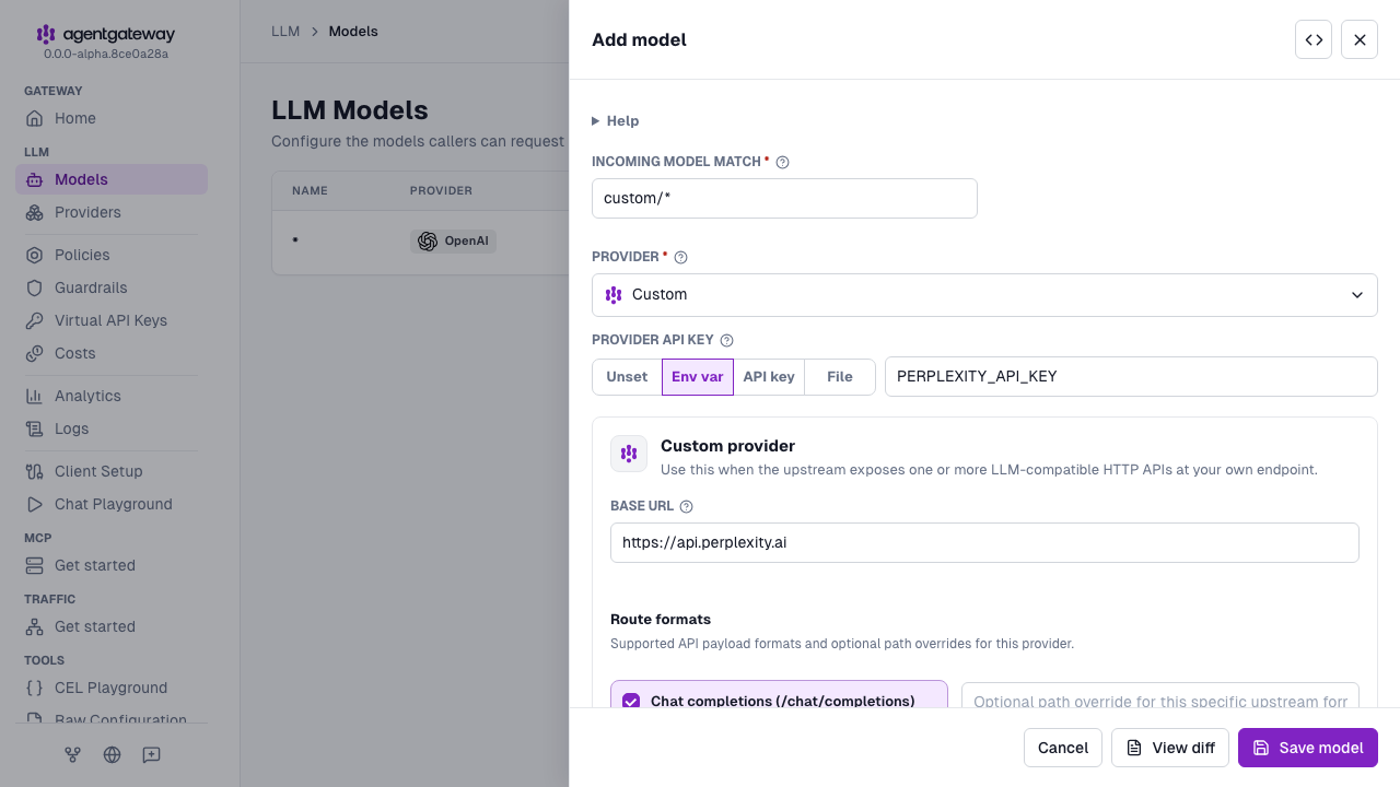 Add model drawer with Custom selected as the provider, custom/* as the incoming model match, PERPLEXITY_API_KEY as the environment variable for the provider API key, and https://api.perplexity.ai as the base URL