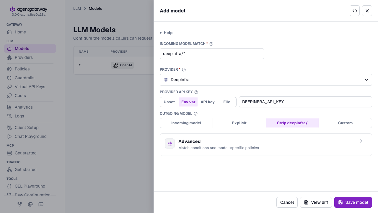 Add model drawer with DeepInfra selected as the provider, deepinfra/* as the incoming model match, and DEEPINFRA_API_KEY as the environment variable for the provider API key