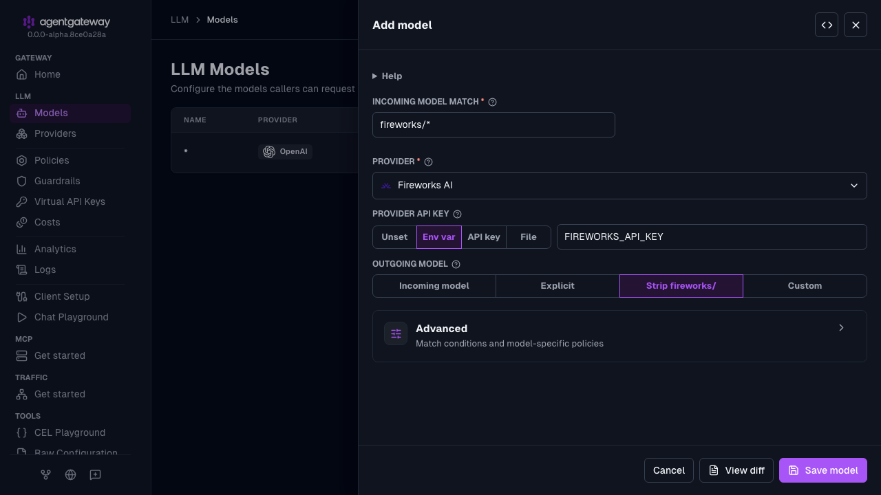 Add model drawer with Fireworks AI selected as the provider, fireworks/* as the incoming model match, and FIREWORKS_API_KEY as the environment variable for the provider API key