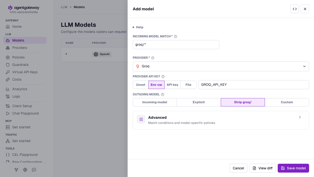 Add model drawer with Groq selected as the provider, groq/* as the incoming model match, and GROQ_API_KEY as the environment variable for the provider API key