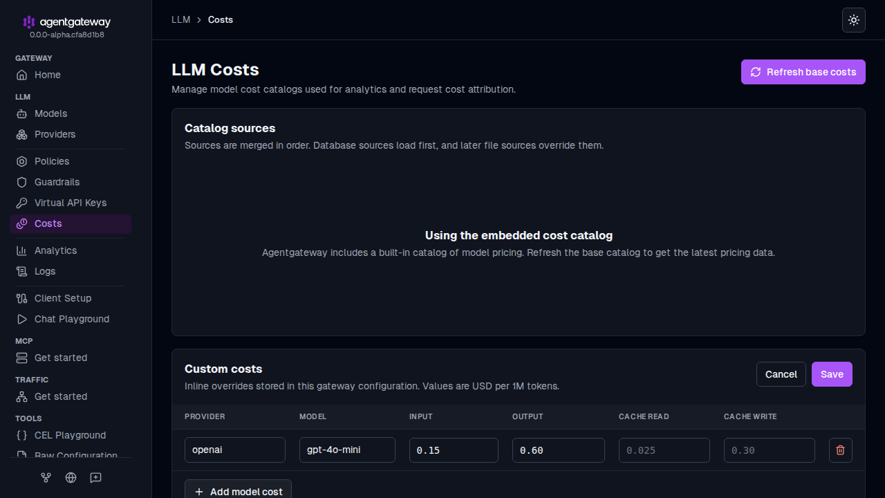 LLM Costs page with Custom costs in edit mode and an openai gpt-4o-mini row with input cost 0.15 and output cost 0.60