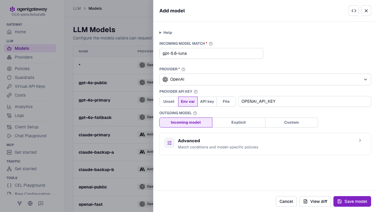 Add model drawer with the OpenAI provider, the gpt-5.6-luna match, the OPENAI_API_KEY environment variable, and Incoming model as the outgoing model