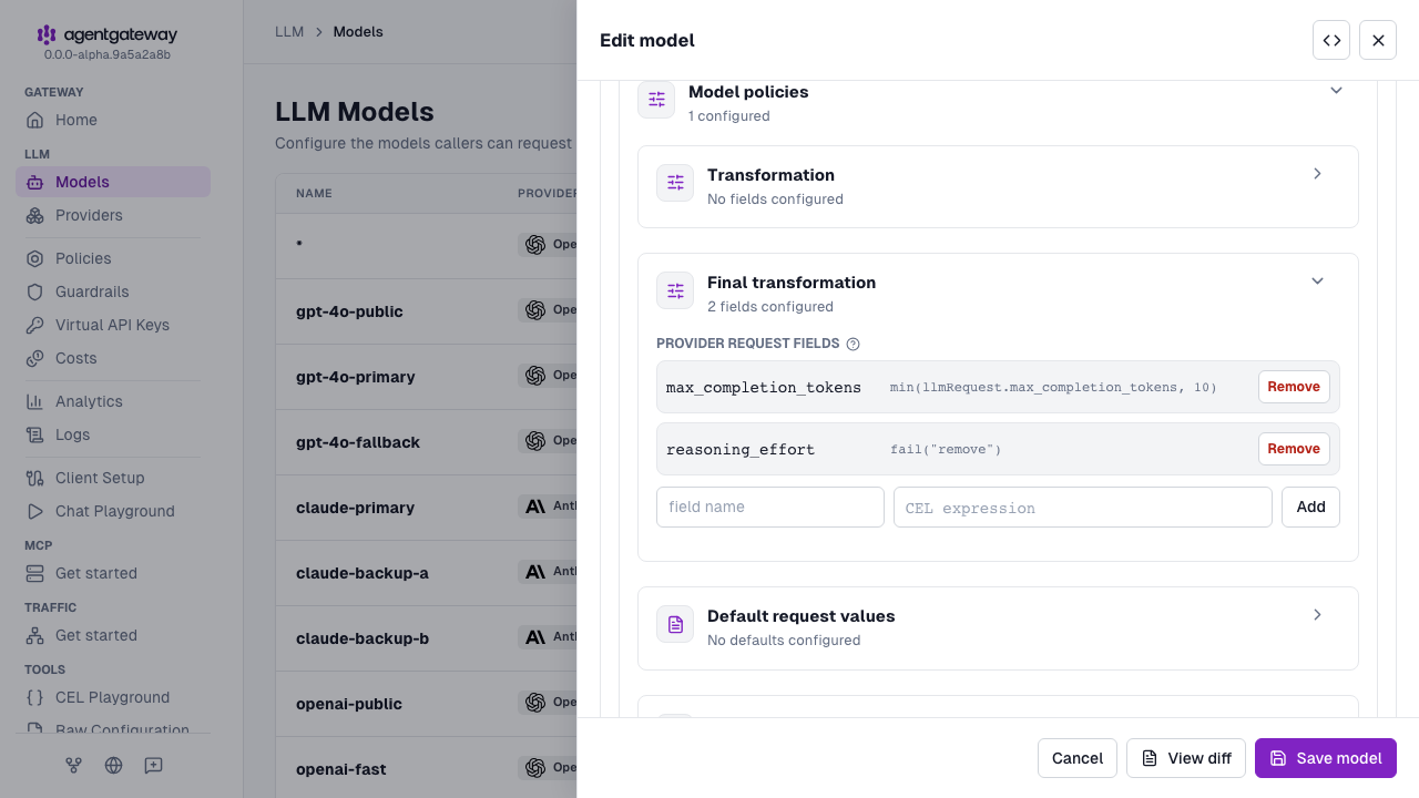 Edit model drawer with the Final transformation section expanded, showing max_completion_tokens and reasoning_effort provider request fields