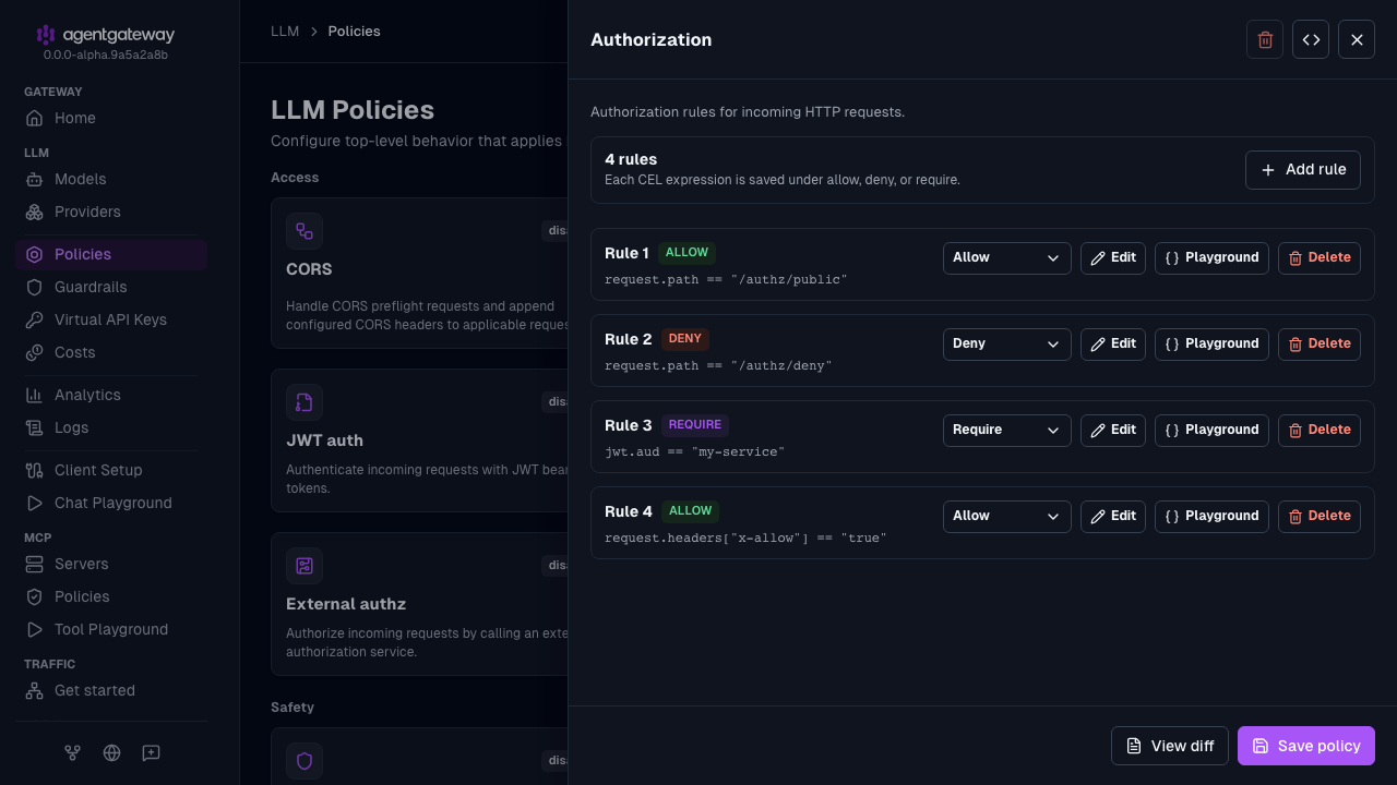 Authorization policy drawer with allow, deny, require, and allow rules