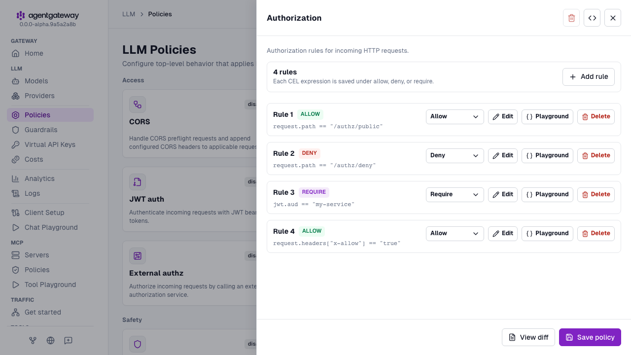 Authorization policy drawer with allow, deny, require, and allow rules