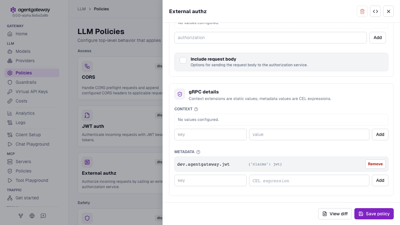 External authorization drawer with the gRPC details and the dev.agentgateway.jwt metadata entry