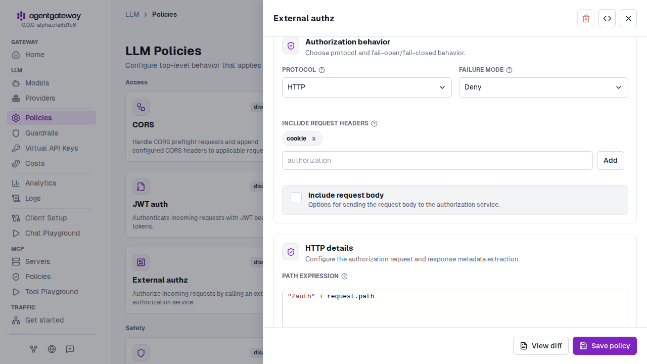 External authorization drawer with the HTTP protocol and the cookie request header