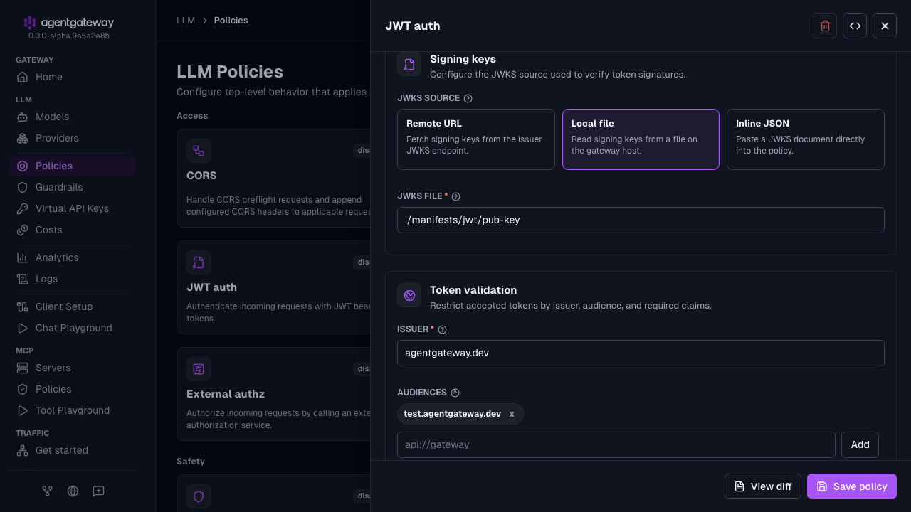 JWT authentication drawer with a local JWKS file, the agentgateway.dev issuer, and the test.agentgateway.dev audience