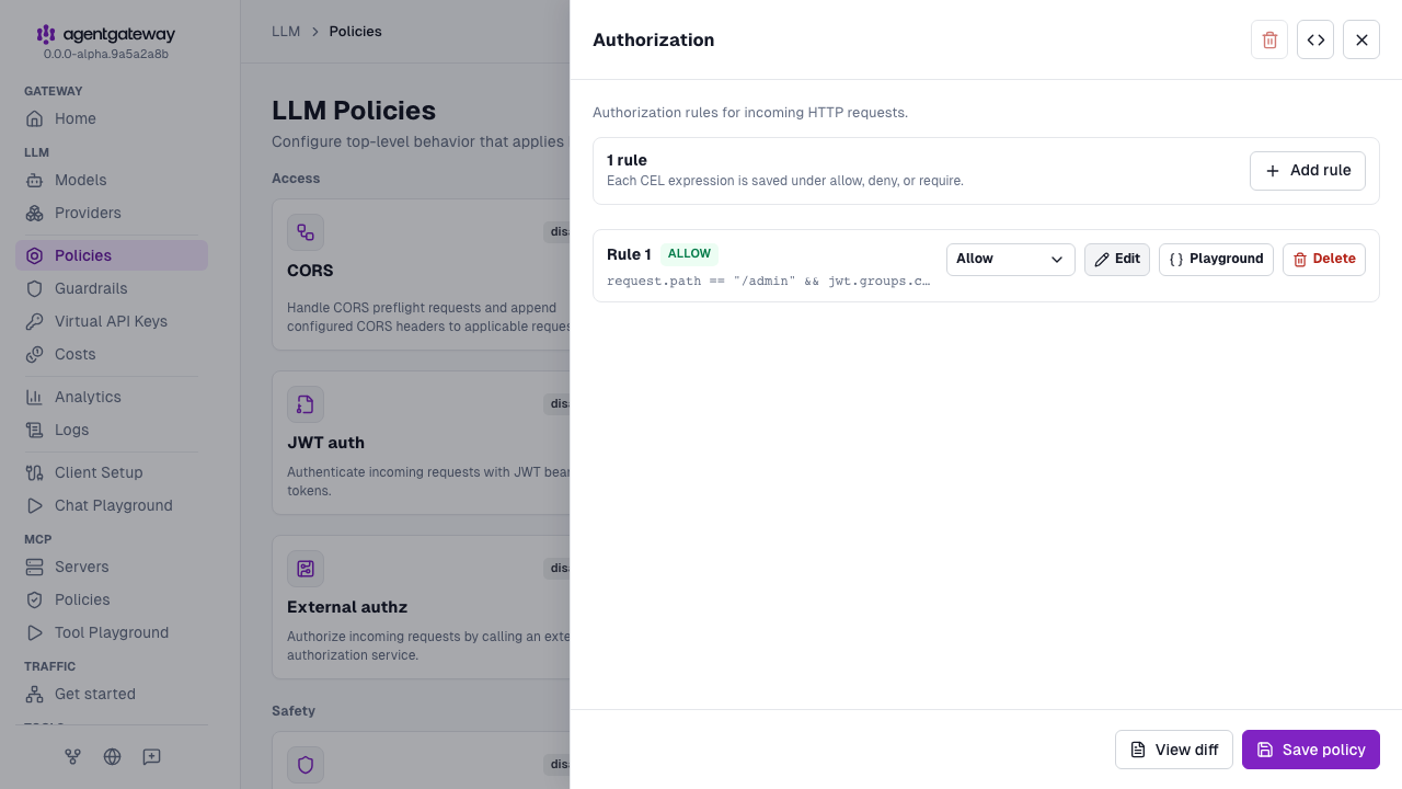 Authorization policy drawer with one allow rule for the /admin path and the admins group