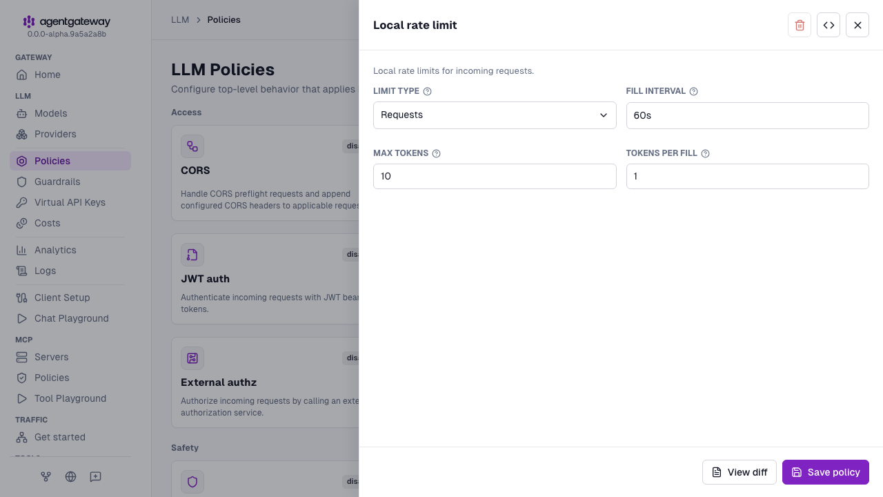 Local rate limit drawer with the Requests type, a 60s fill interval, 10 maximum tokens, and 1 token per fill