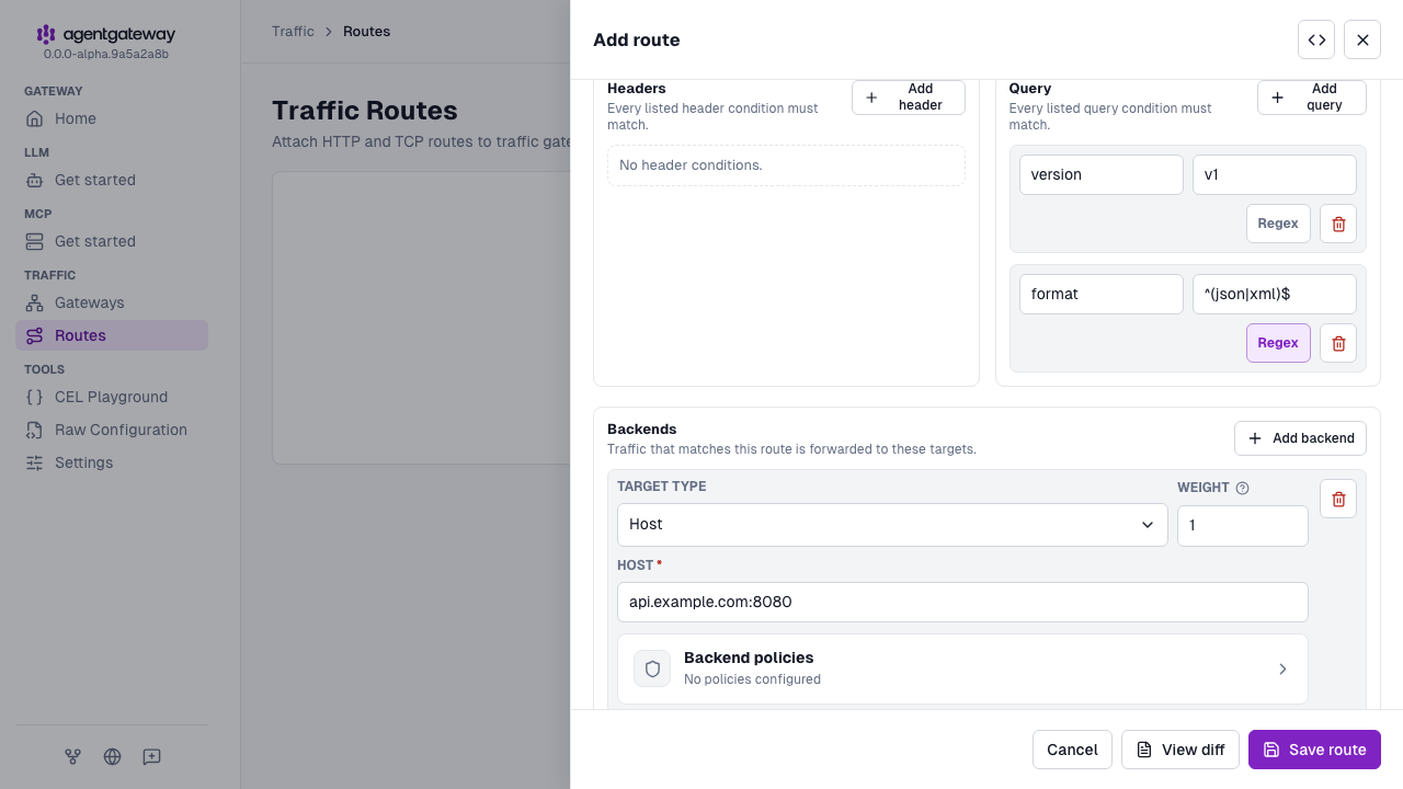 Add route drawer for the multi-query route with an exact version query condition, a regex format query condition, and the backend