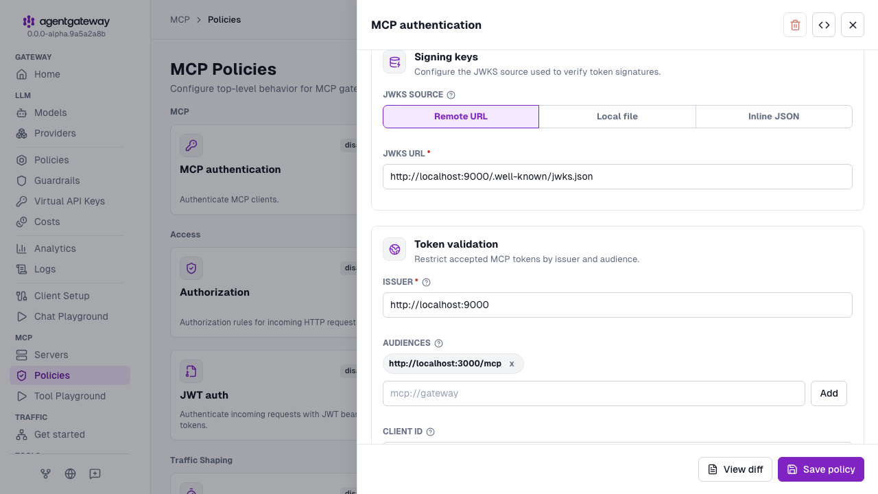 MCP authentication drawer with the localhost:9000 JWKS URL, issuer, and audience