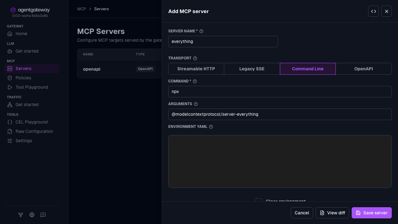 Add MCP server drawer for the everything target with the npx command and the @modelcontextprotocol/server-everything argument