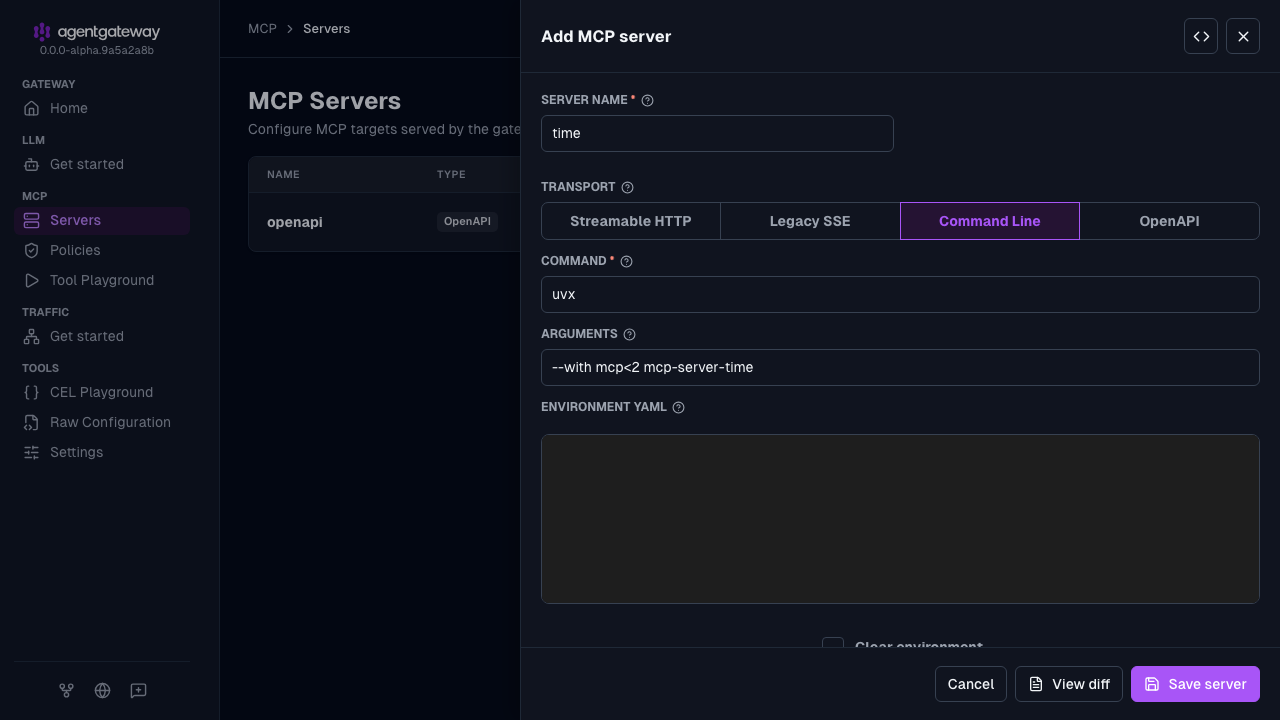 Add MCP server drawer for the time target with the uvx command and the mcp-server-time arguments
