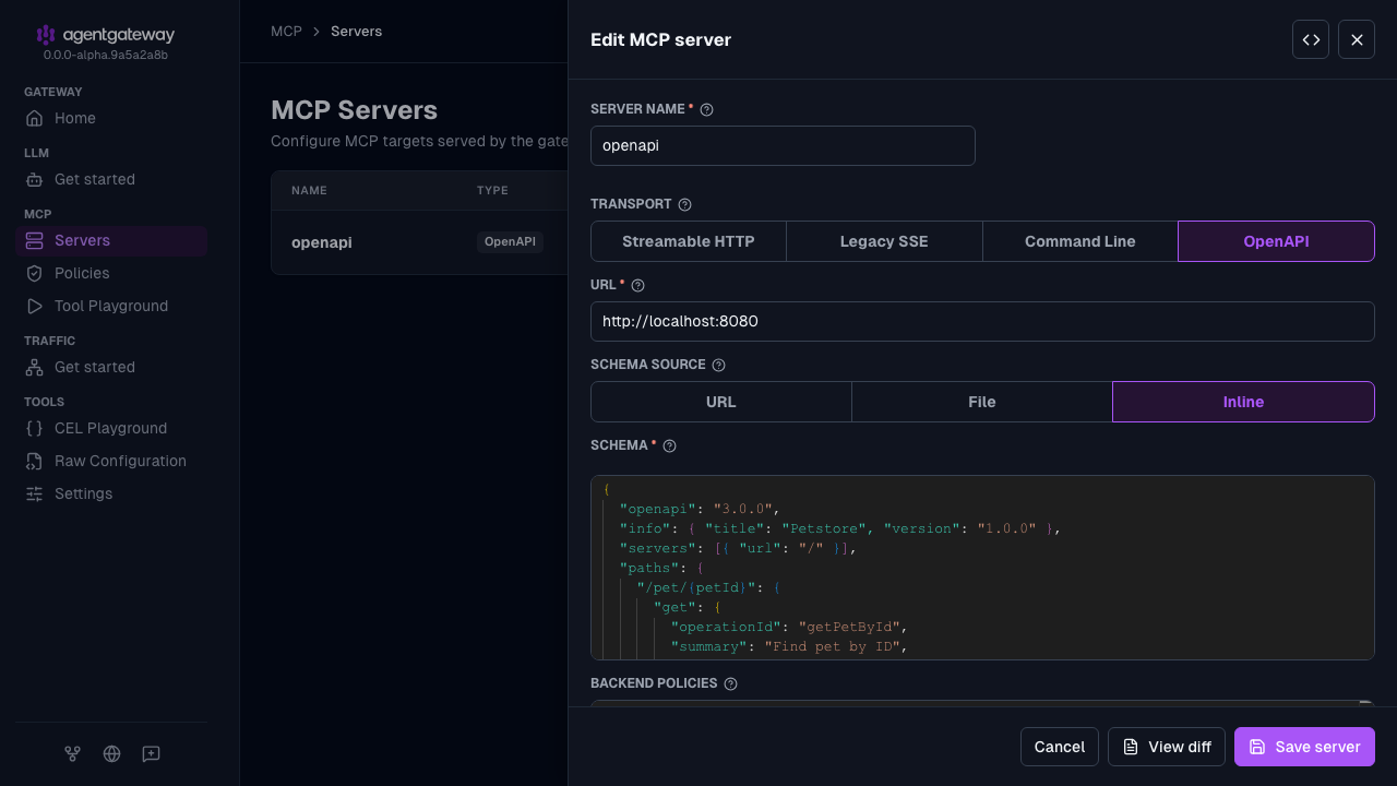 Edit MCP server drawer for the openapi target with an inline Petstore OpenAPI schema