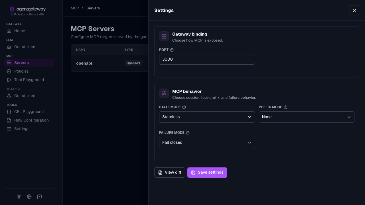 MCP servers settings drawer with the state mode set to Stateless
