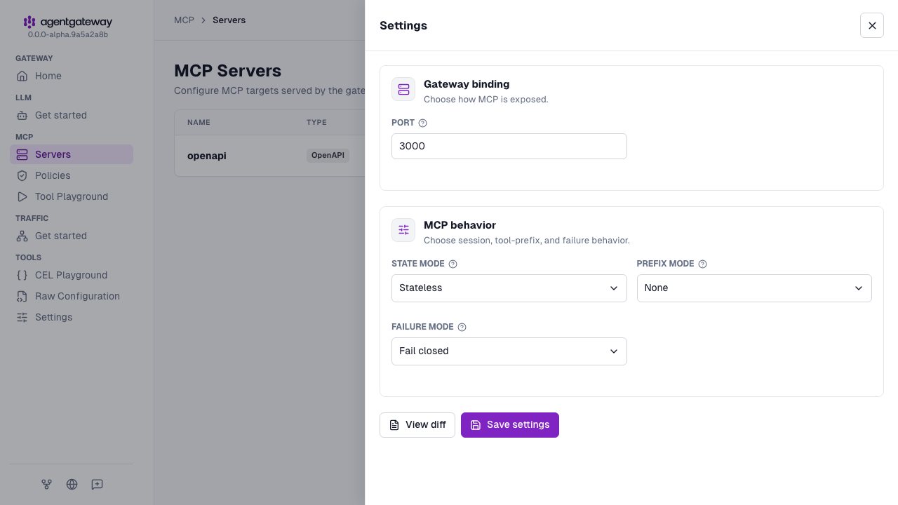 MCP servers settings drawer with the state mode set to Stateless