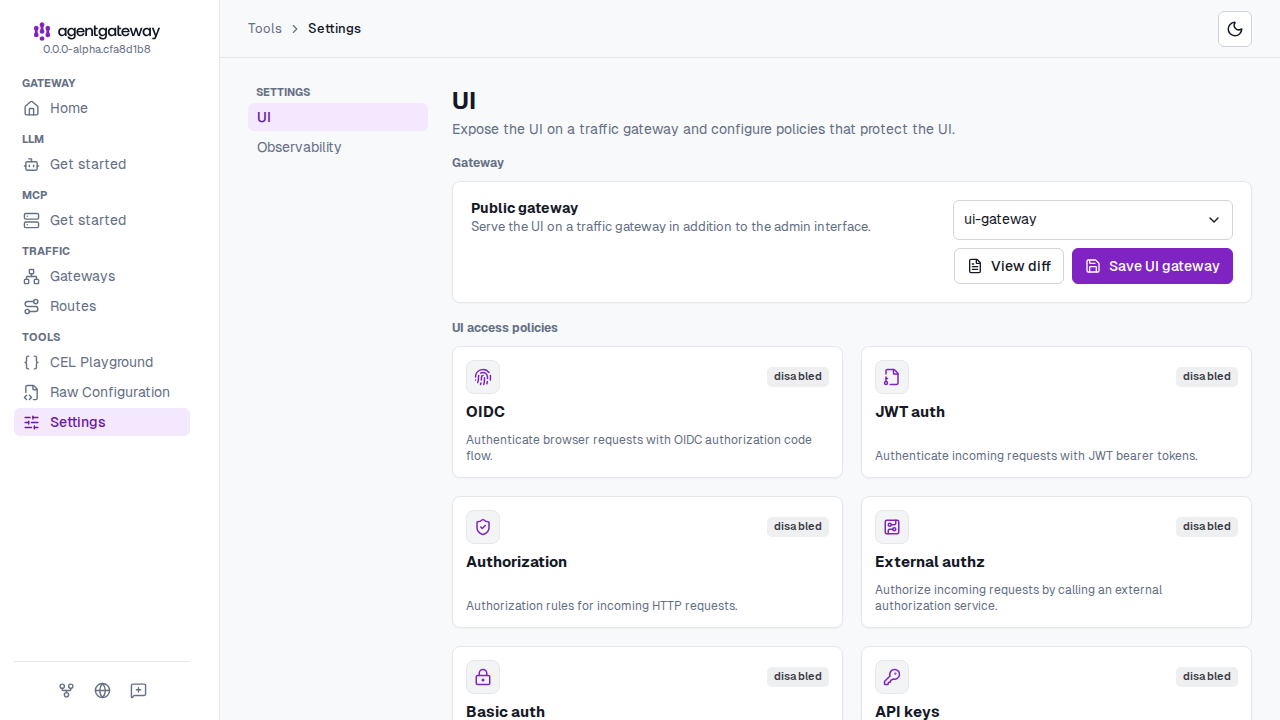 Settings UI page with the Public gateway dropdown set to ui-gateway, the Save UI gateway button, and the UI access policy cards