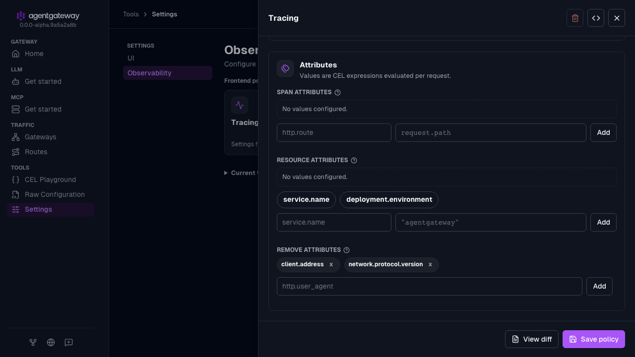 Tracing drawer Attributes section with client.address and network.protocol.version in the remove attributes list