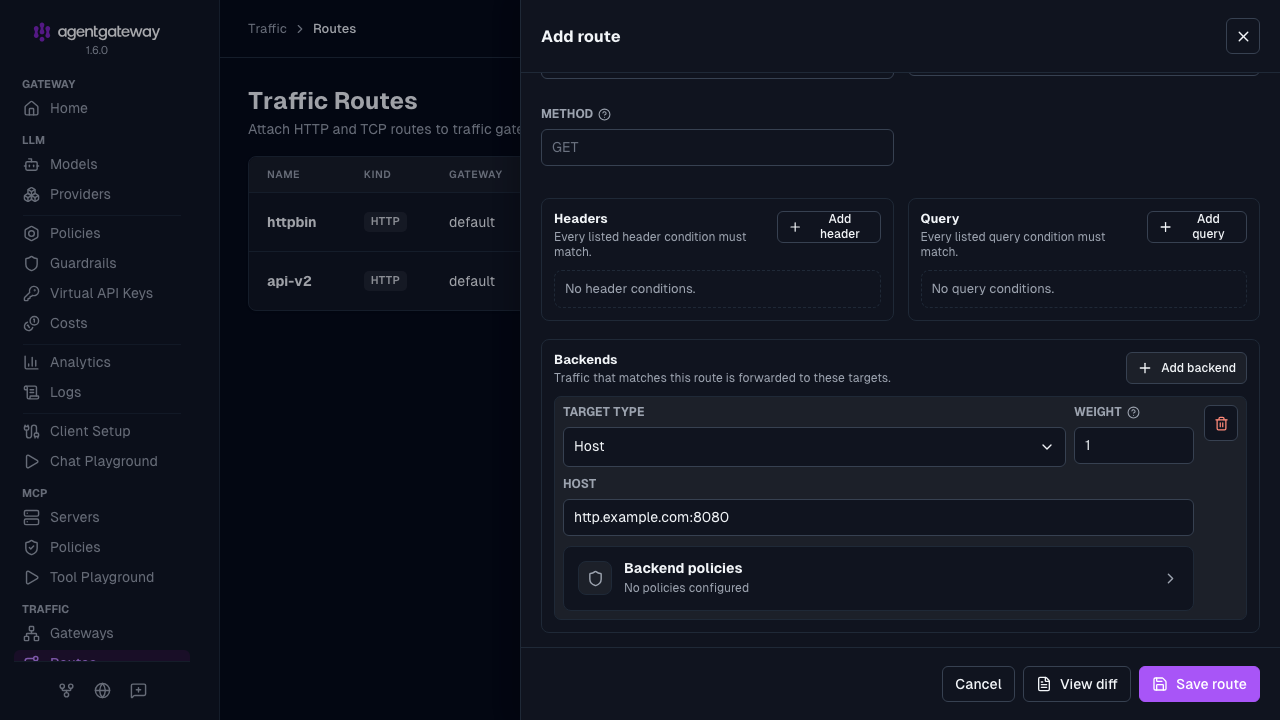 Add route drawer scrolled to the http.example.com:8080 host backend