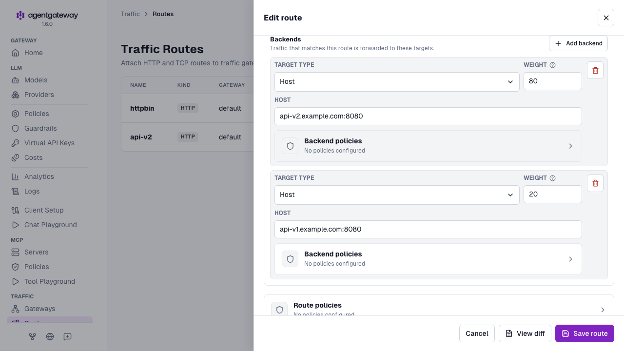 Edit route drawer for the api-v2 route with two host backends weighted 80 and 20