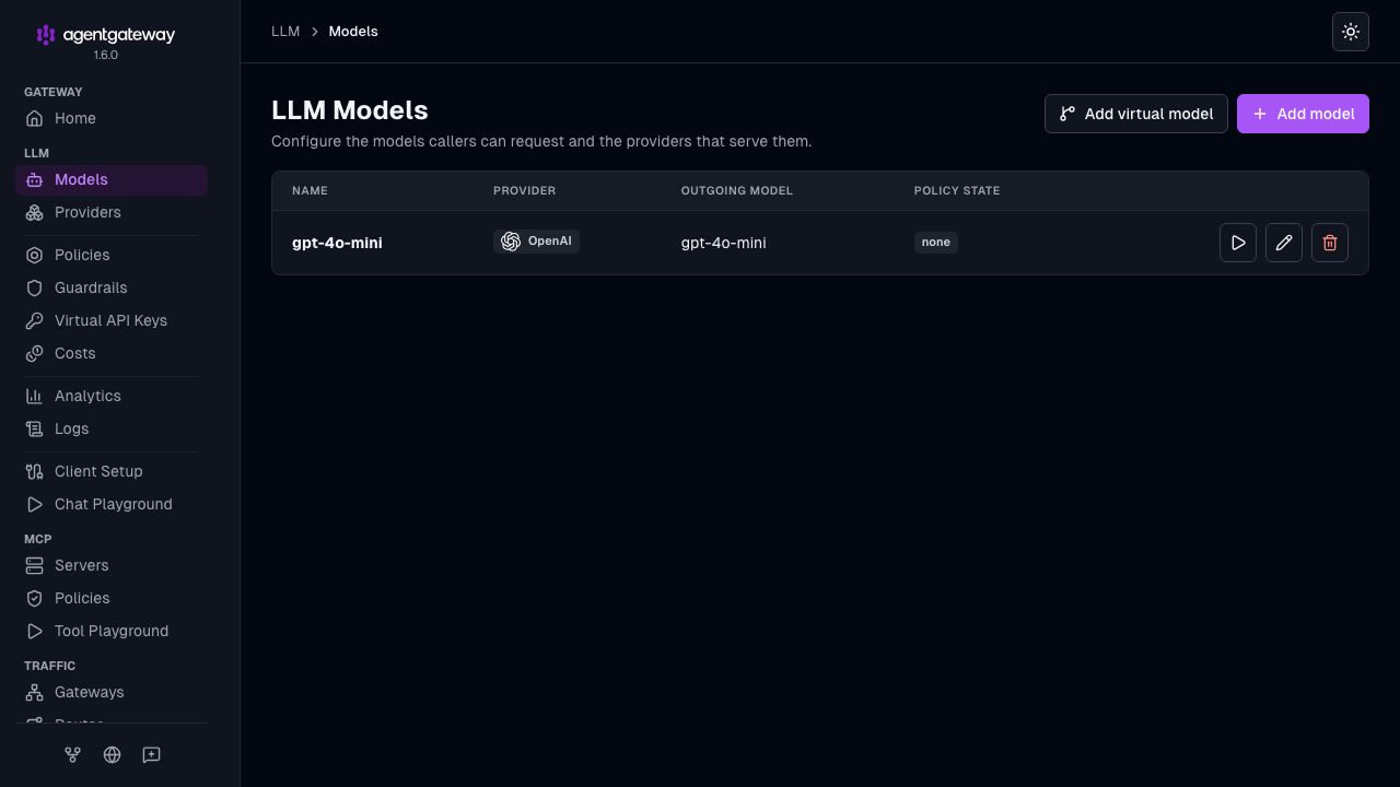 LLM Models page with one gpt-4o-mini model from the OpenAI provider and play, edit, and delete icons