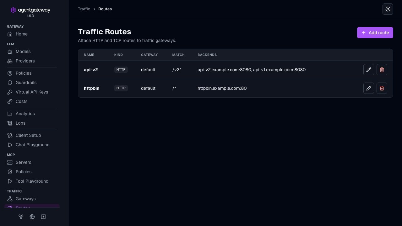 Traffic Routes page with two HTTP routes, api-v2 and httpbin, that show the gateway, path match, and backends