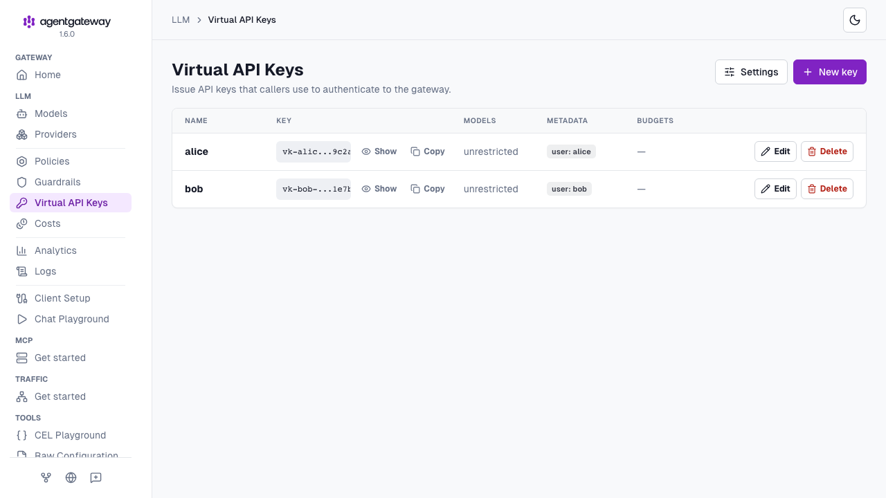 UI Virtual API Keys page listing configured keys and metadata