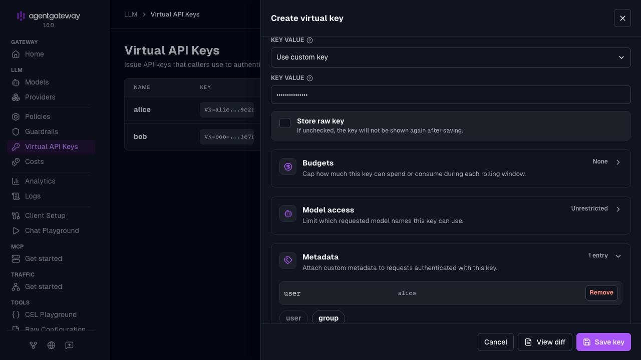 Create virtual key drawer with name, key value, and metadata